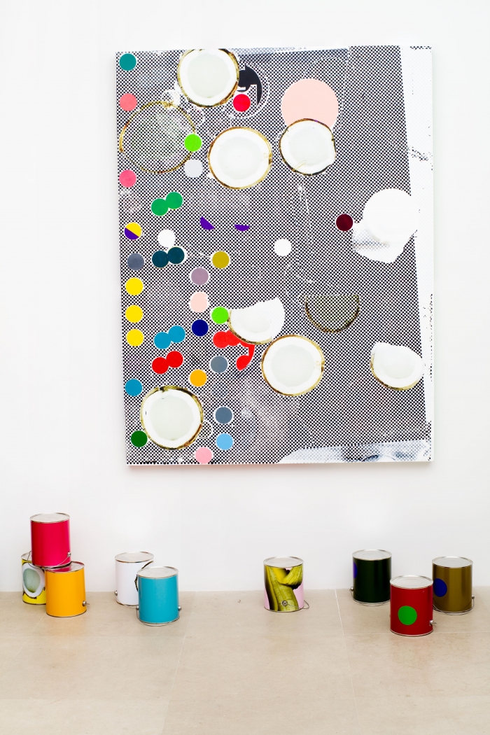 Untitled, 2009, Paint, silkscreen, and digital inkjet print on canvas; paint cans with digital inkjet prints, 69 x 52 x 2 inches