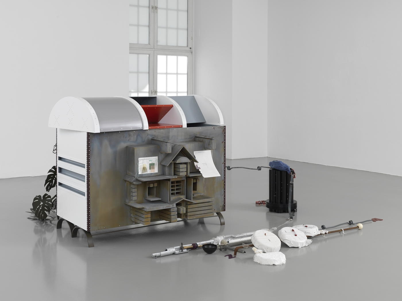 Helen Marten Parrot Problems, 2014 Welded steel, aluminium, fabric, wood, string, cast plaster, latex, rubber, stitched suede, prosthetic eyeballs, rivets, hammer, galvanised painted cardboard 53 1⁄8 x 59 x 51 1⁄4 in (134.94 x 149.86 x 130.18 cm)