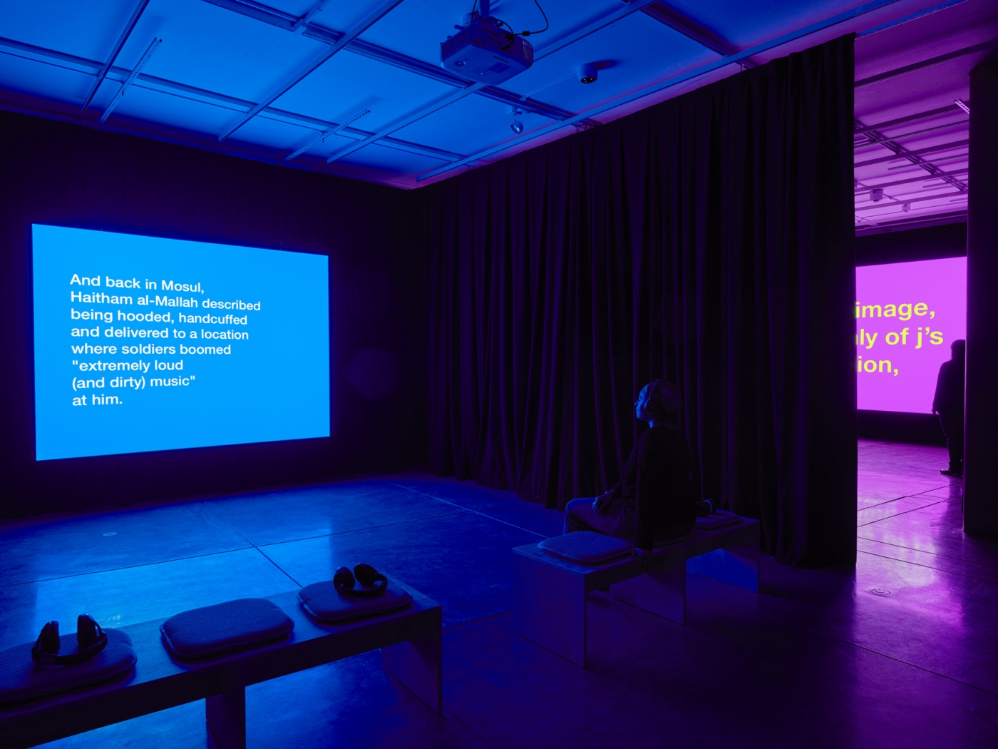 Installation view, Tony Cokes: If UR Reading This It’s 2 Late: Vol 2, Carpenter Center for the Visual Arts, on view January 31–April 12, 2020. Pictured: Tony Cokes, The Morrissey Problem (video), 2019. Courtesy of the Carpenter Center for the Visual Arts. Photo: Julia Featheringill / Stewart Clements.