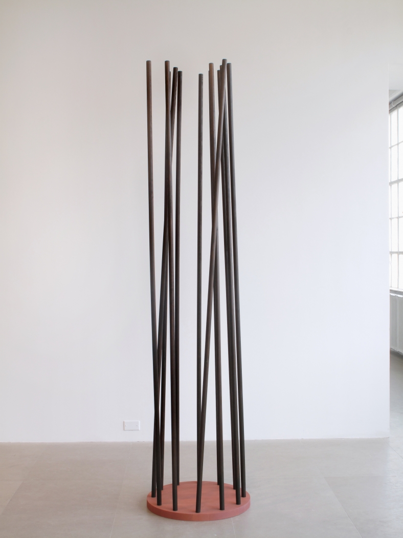 Trans Column 7 (tan and brown), 2009, wood, gouache, oil, 94 1/2 x 22 1/2 x 22 1/2 inches, Installation view, Greene Naftali, New York, 2009