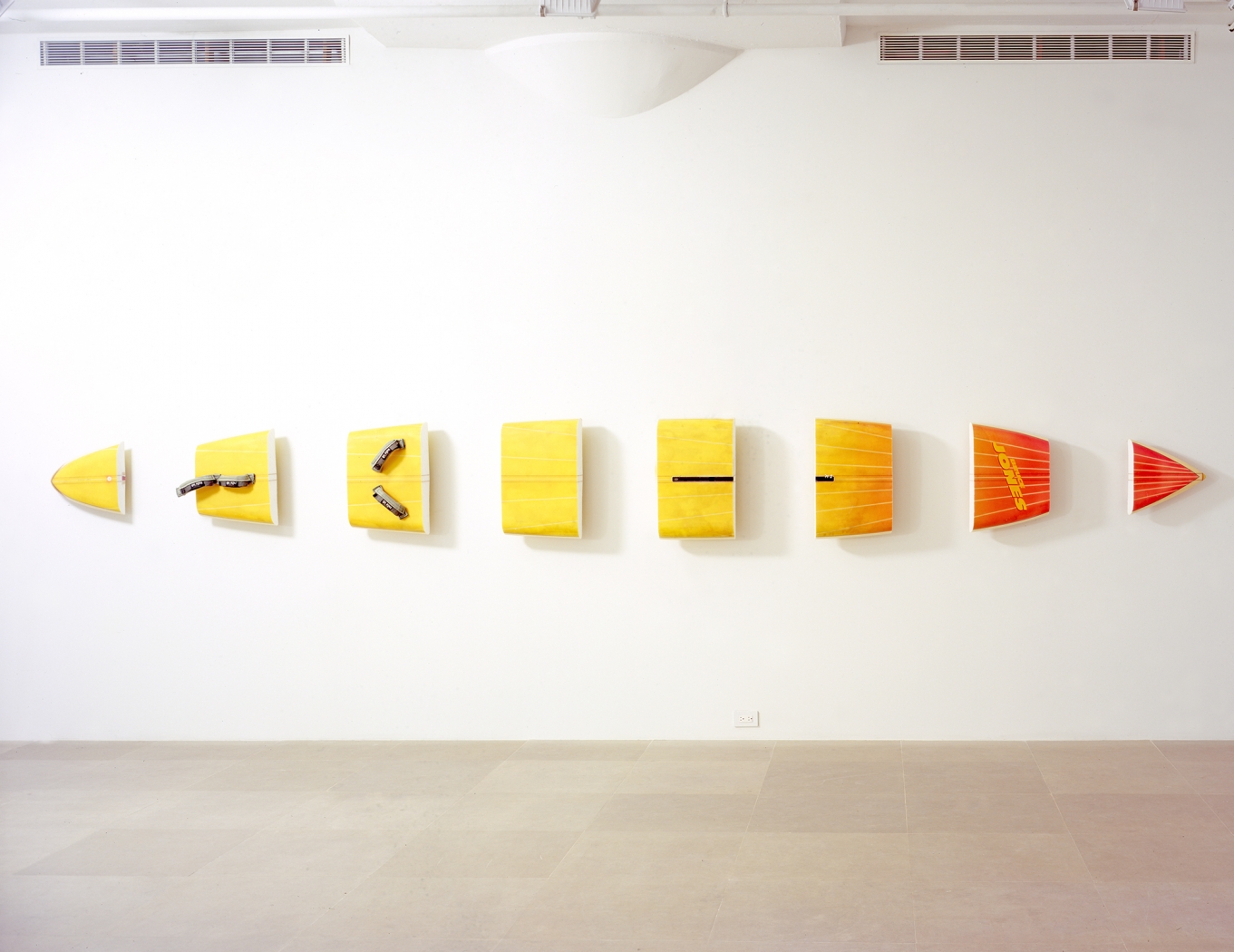 Michael Krebber, Bruce Jones, 2008, Windsurfing board, wall mounts, 23 1/2 x 223 inches