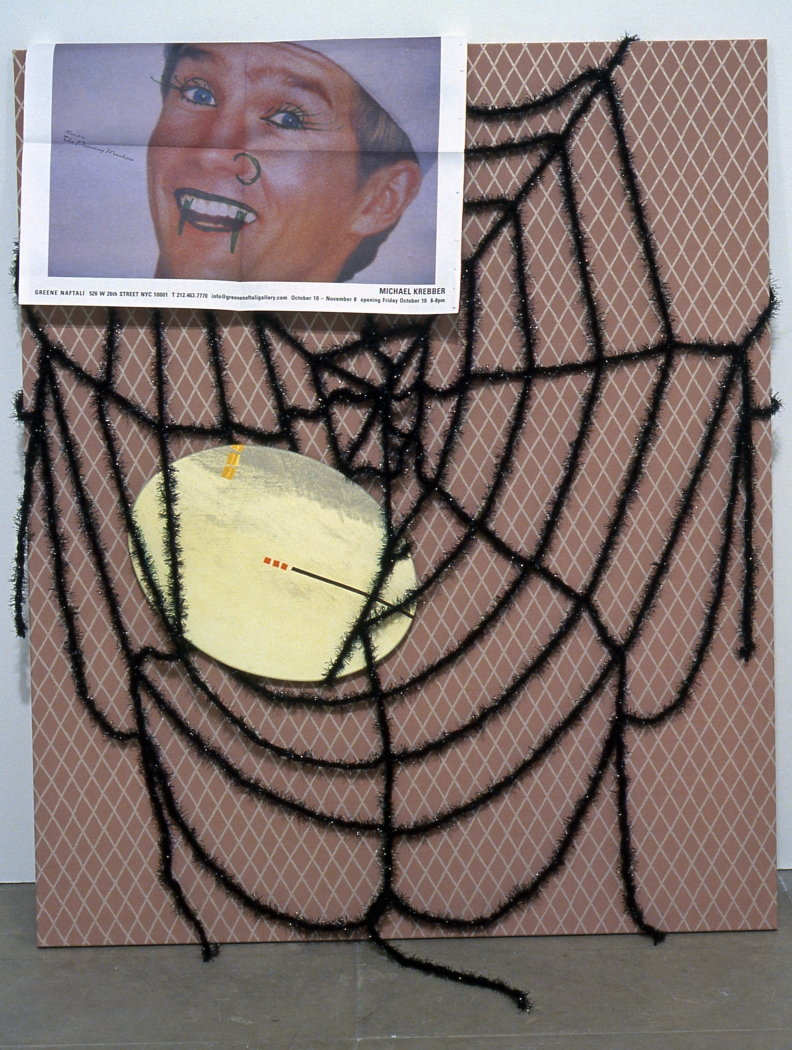 The Things We Are Doing No. 1 (Reiher Sonne), 2003, fabric oval-shaped canvas in yarn spider web on fabric, paper, 47.24 x 39.37 inches