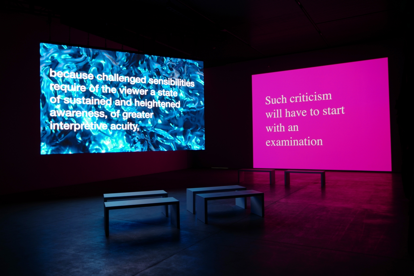 Installation view, Tony Cokes and Oscar Murillo, The Shed, New York, 2019