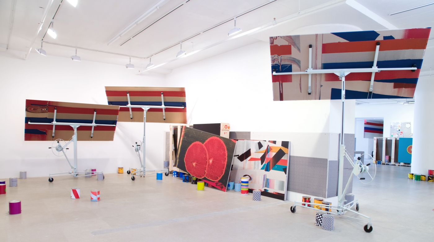 Untitled, 2009, Paint, silkscreen, and digital inkjet print on canvas; drywall lifts; inkjet print on drywall; paint cans with digital inkjet prints and crate with printed drywall, Overall dimensions variable, Installation view, Greene Naftali, New York, 2009