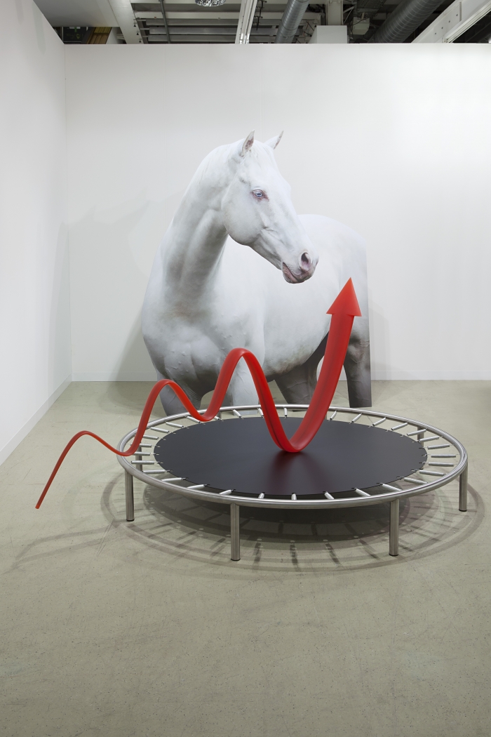 Pattern of Activation, 2014 digital print on aluminum, cutout display; polyurethane, steel; aluminum, stainless steel cutout display, 250 x 200 x 35 cm trampoline and arrow sculpture, 145 x 250 x 200 cm