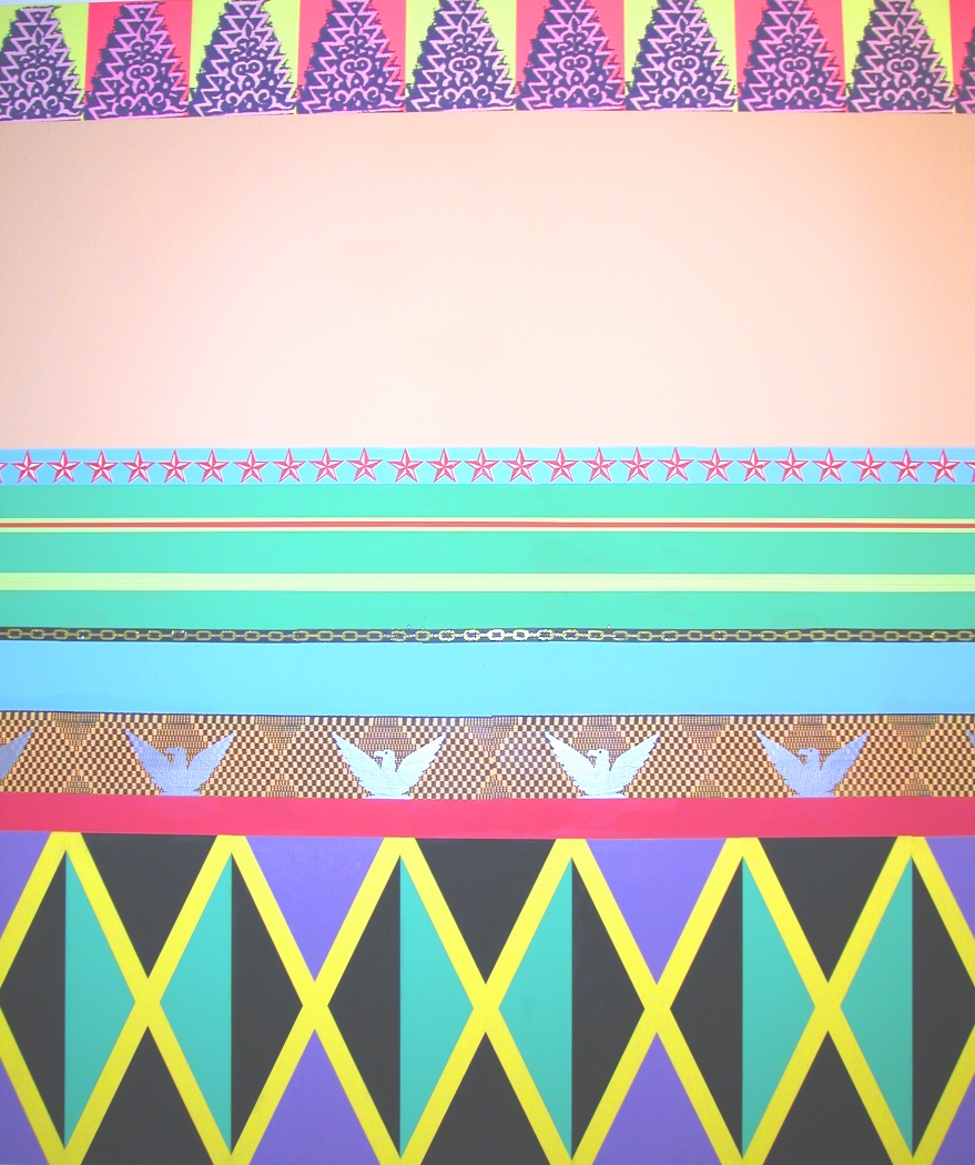 I Wish I Had a Beak (Wall Painting), 2005 paint, silkscreen, Xerox, glitter, 82 x 34 inches units