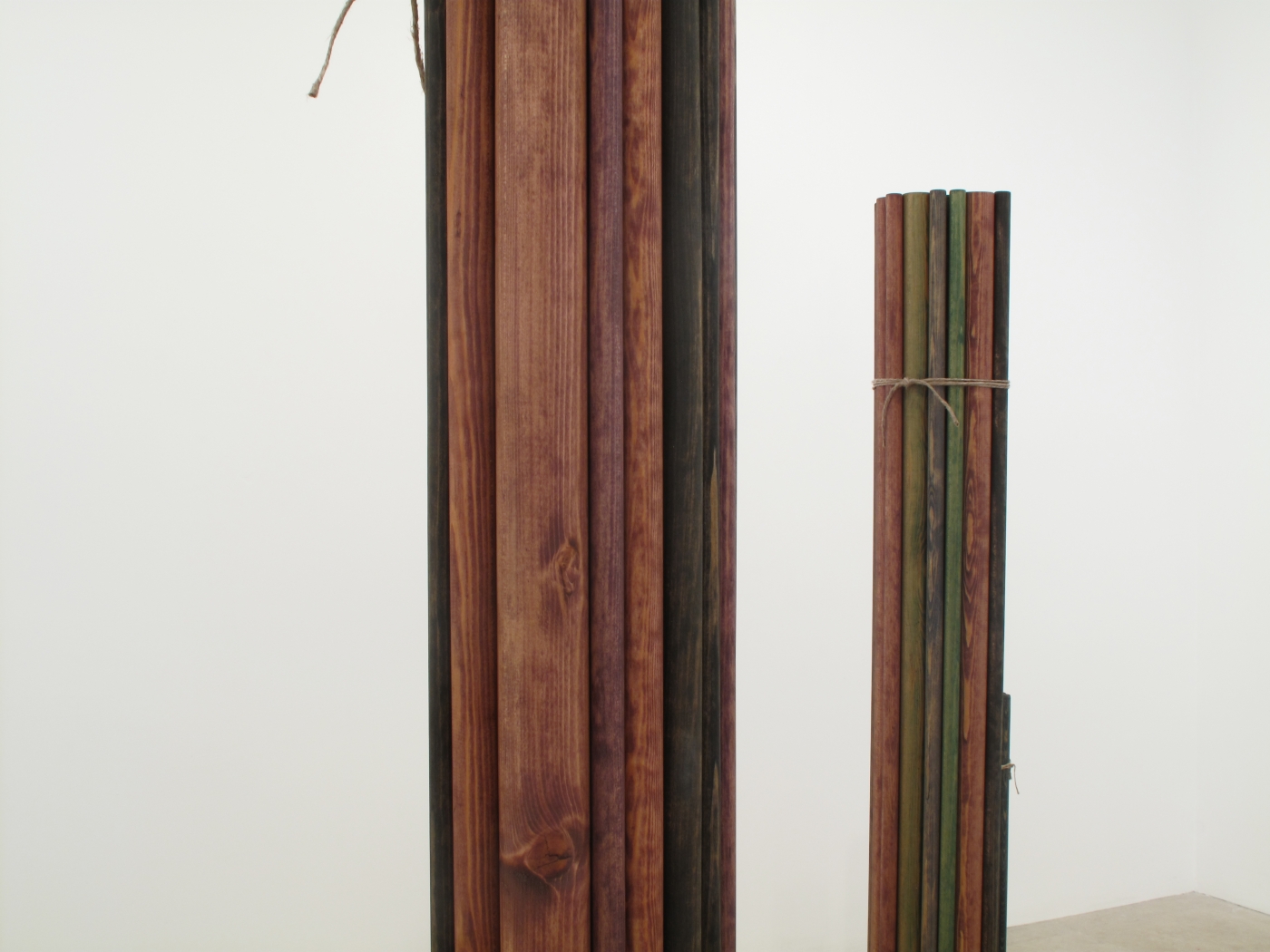 Bündel, 2009 (detail), wood, gouache, oil, twine, six parts, 74 7/8 x 107 x 37 inches (approx. overall)