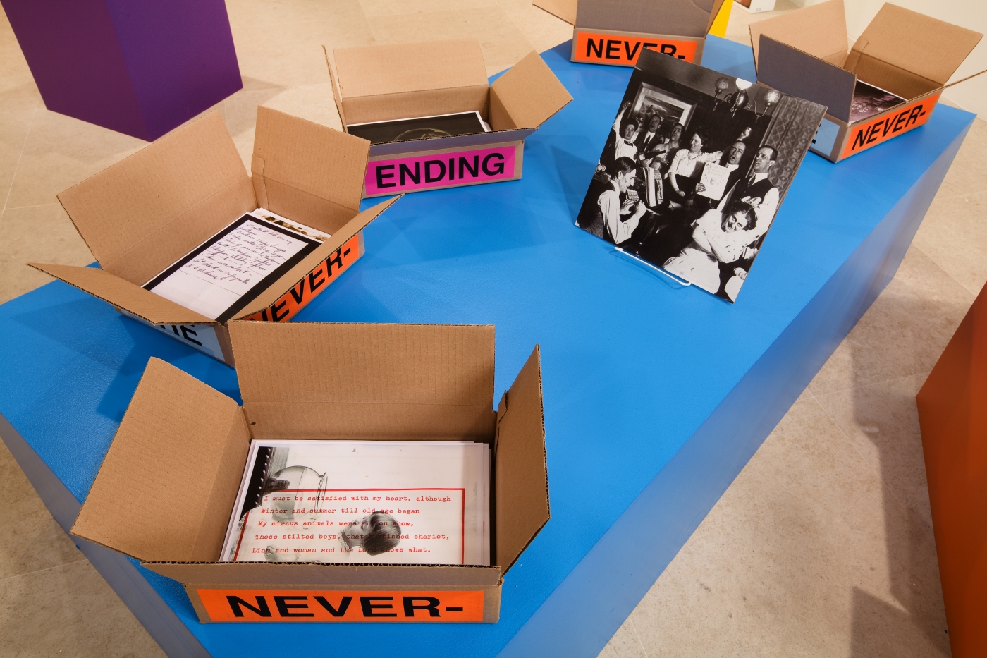 Allen Ruppersberg The Never Ending Book Part Two/Art and Therefore Ourselves 2009 color copies, cardboard boxes, artist's records 5 lightboxes banner letterpress posters and 17 furniture elements overall dimensions variable