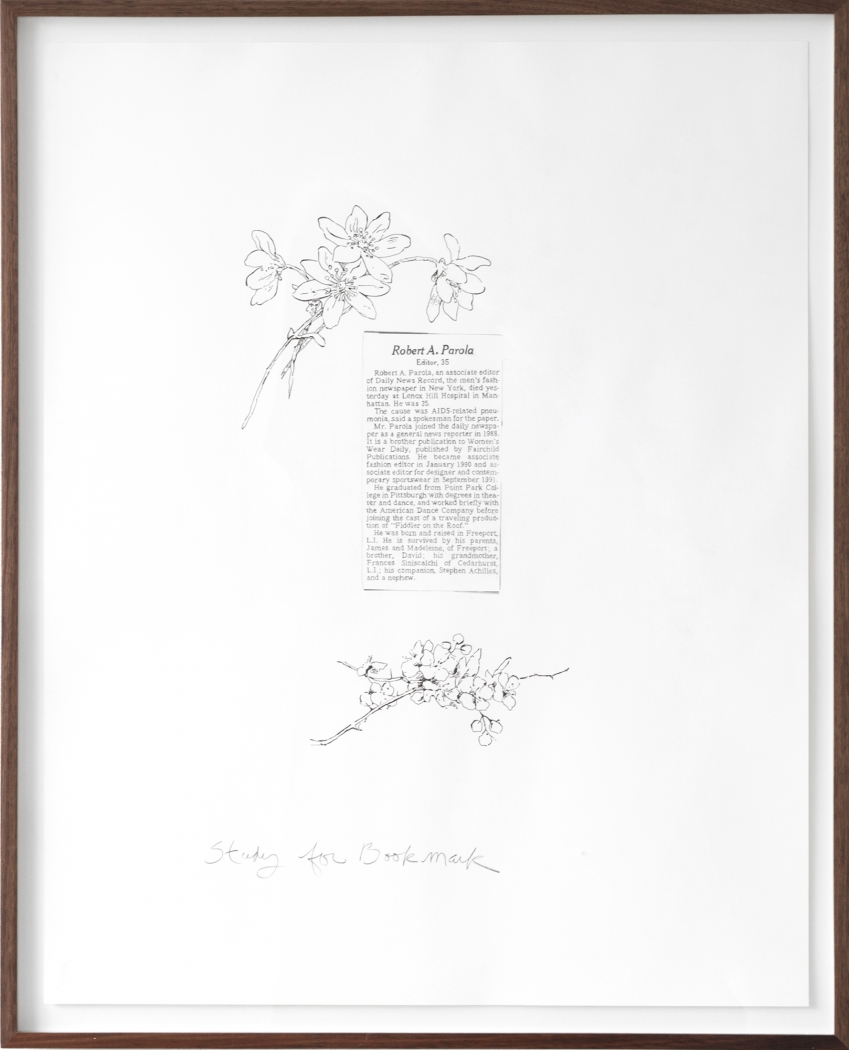 Allen Ruppersberg Robert Parola (Study for Bookmark), 1994 Graphite and ink on paper Paper: 29 x 23 inches (73.7 x 58.4 cm) Frame: 31 3/4 x 25 1/2 inches (80.6 x 64.8 cm)