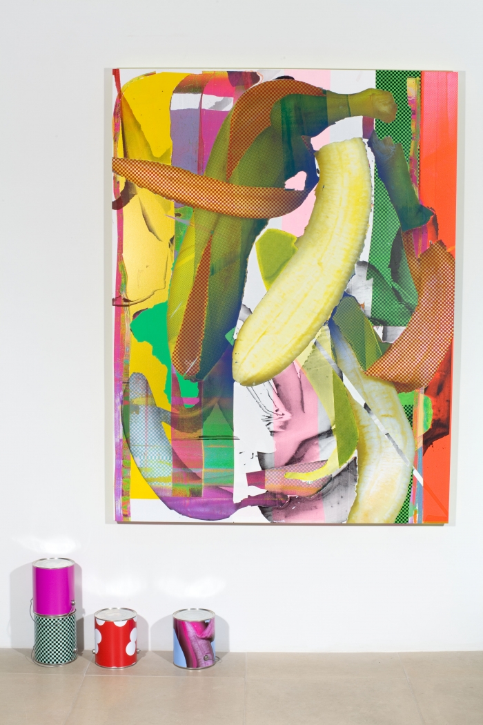 Untitled, 2009, Paint, silkscreen, and digital inkjet print on canvas; paint cans with digital inkjet prints, 69 x 52 x 2 inches
