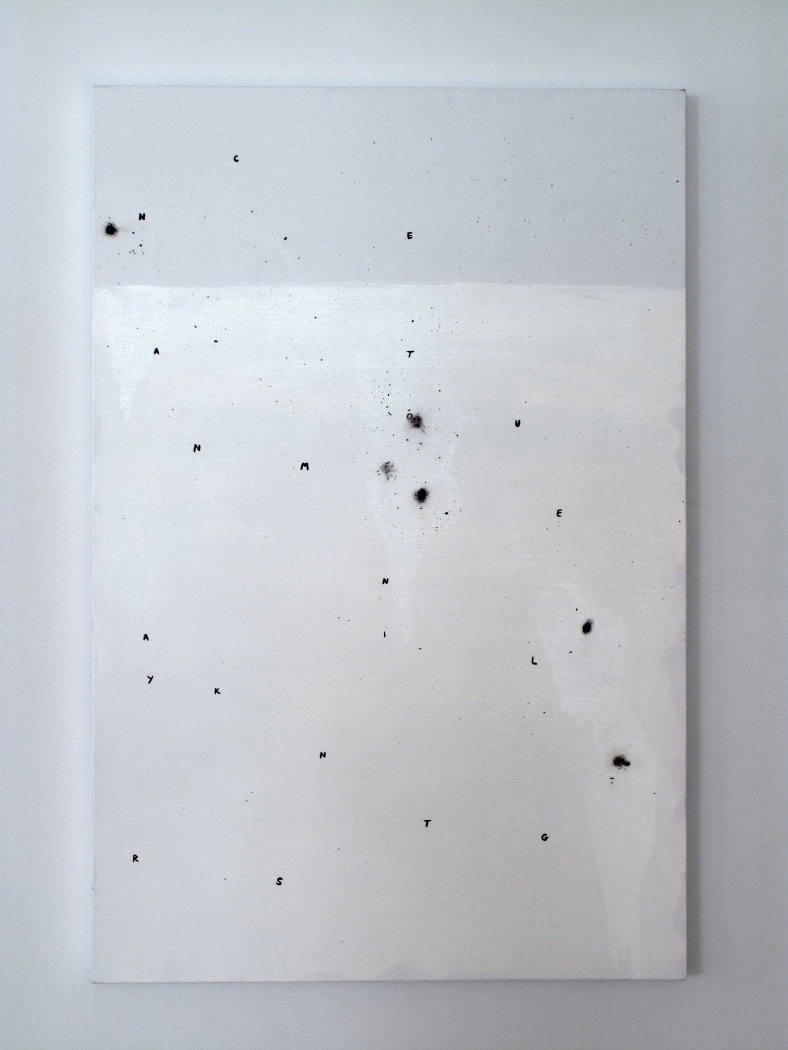 josef strau, The Assistant (3), 2008, ink letters, ashes, acrylic and adhesive on canvas, 36 x 24 inches