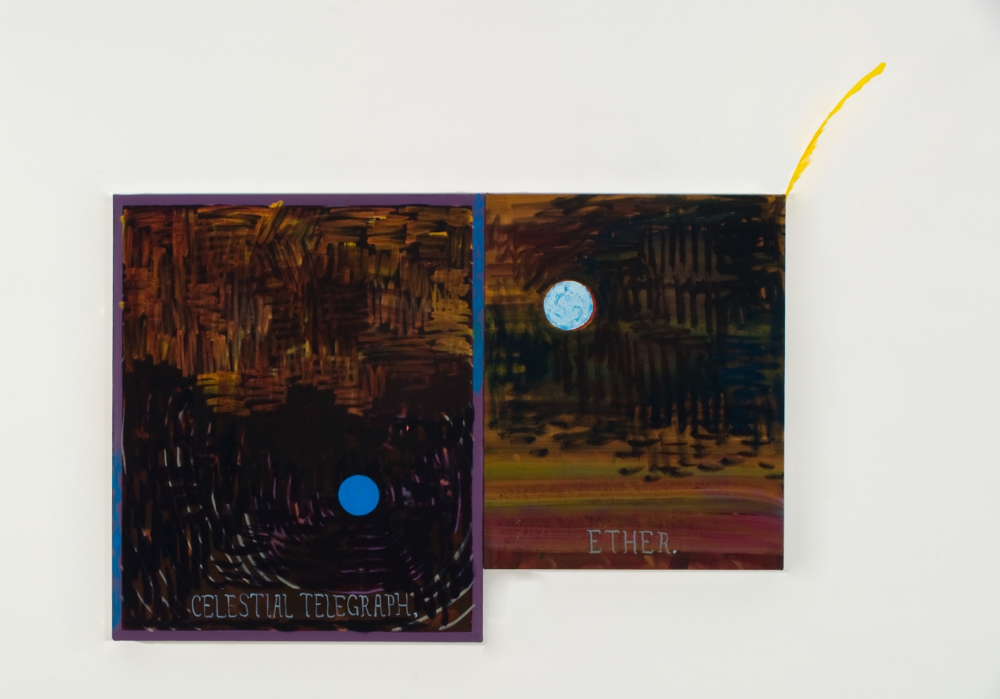 Richard Hawkins, Hollow Earth, 2008, oil on canvas, feather, two panels, 31 x 39 inches overall
