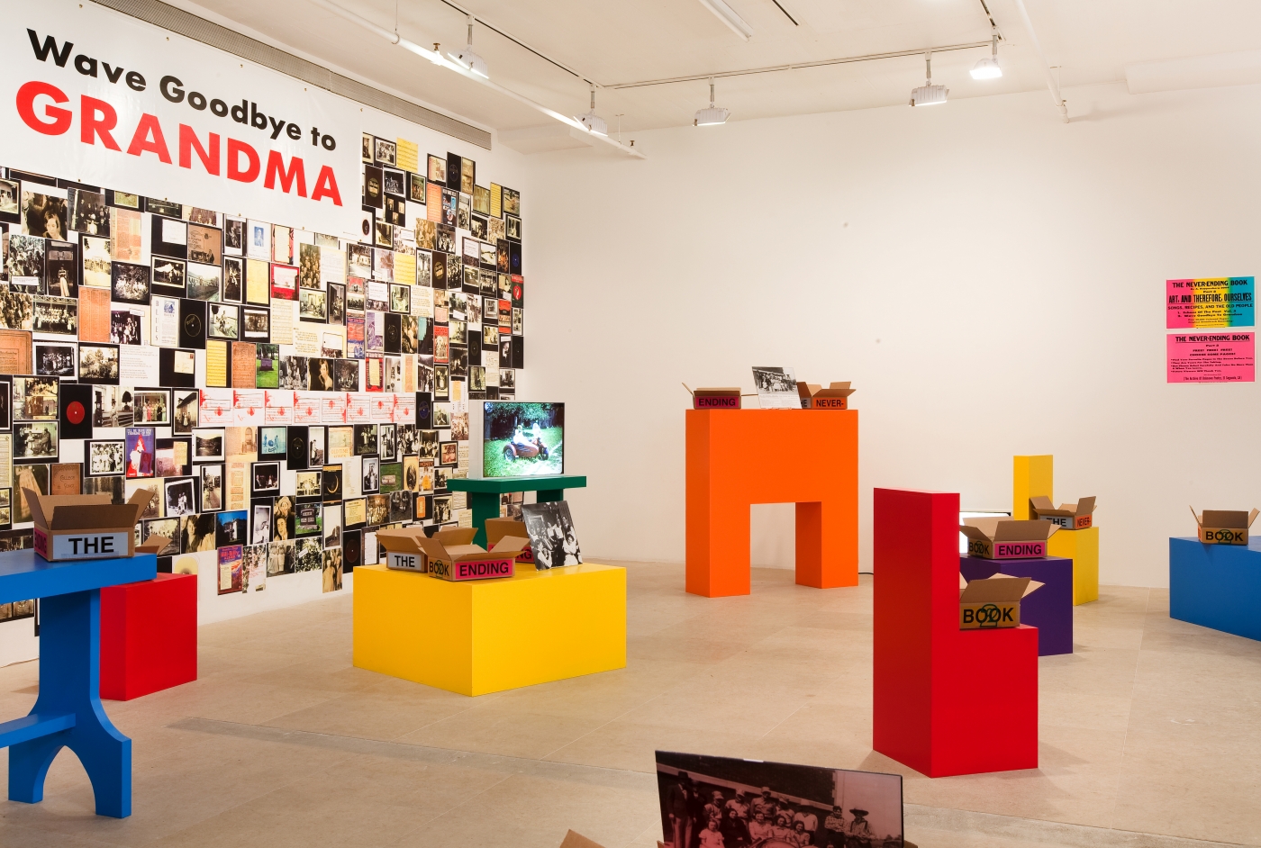 Allen Ruppersberg The Never Ending Book Part Two/Art and Therefore Ourselves 2009 color copies, cardboard boxes, artist's records 5 lightboxes banner letterpress posters and 17 furniture elements overall dimensions variable