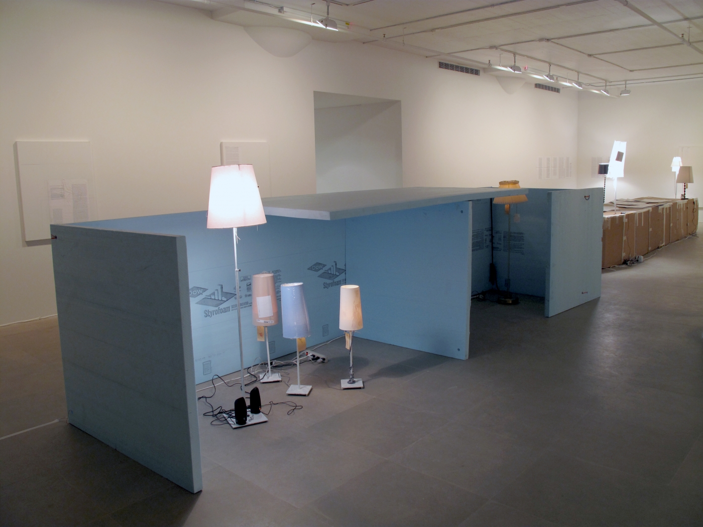 E+N: Model for a Foldable Double Performance Sukka for Artists Working Both with Group and with Non-Group, 2008, mixed media lamps, Styrofoam boards, string, rope, mp3 players, Overall: 60 x 51 x 210 inches
