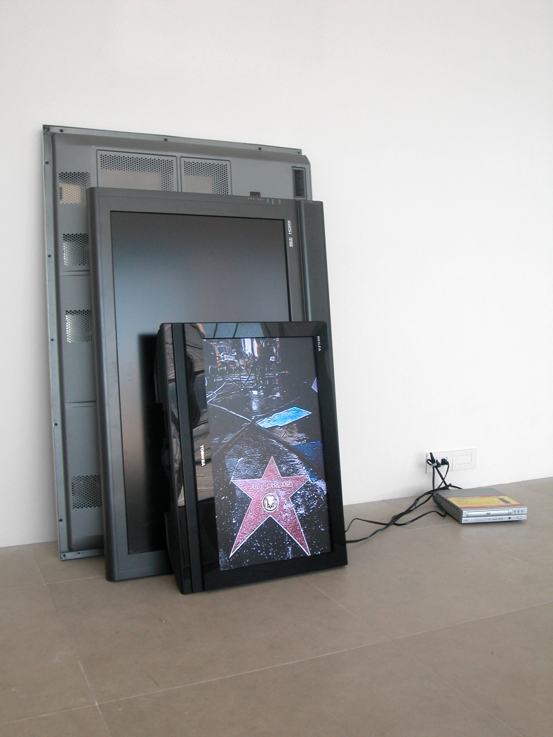 Bernadette Corporation, Pedestrian Cinema, 2008, 3 flat screen monitors, found image, dvd player