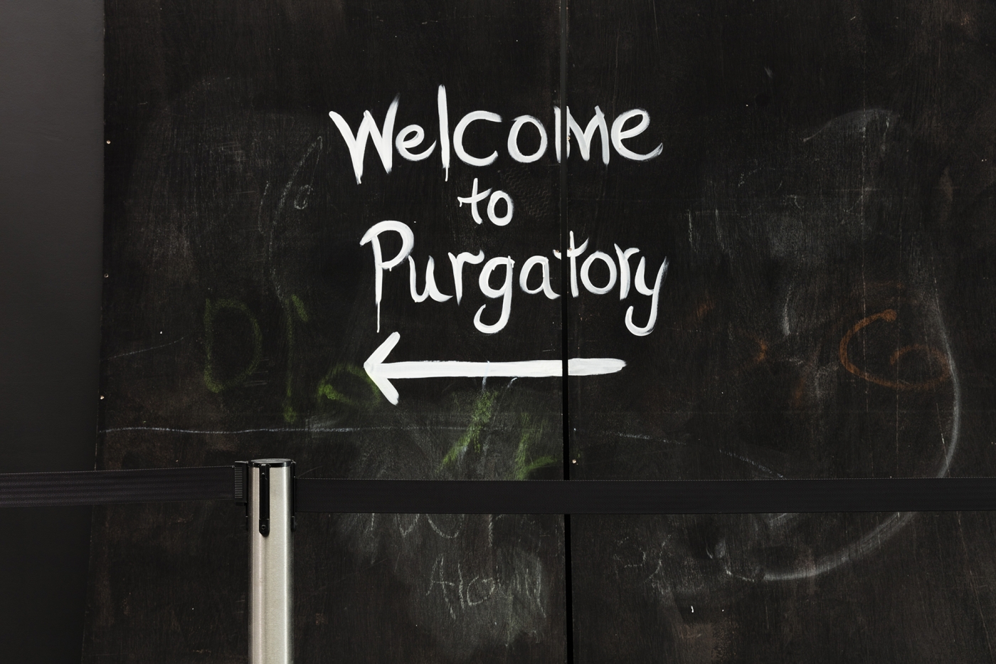 Lutz Bacher Welcome to Purgatory, 2014 Black, white, green, or red paint on plywood panels 54 panels, 96 x 48 inches (243.8 x 121.9 cm) each