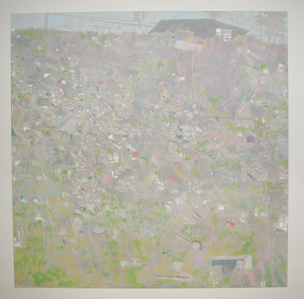 Untitled (Garbage on a Hillside), 2003, acrylic, colored pencil on linen, 72 x 72 inches (182.9 x 182.9 cm)