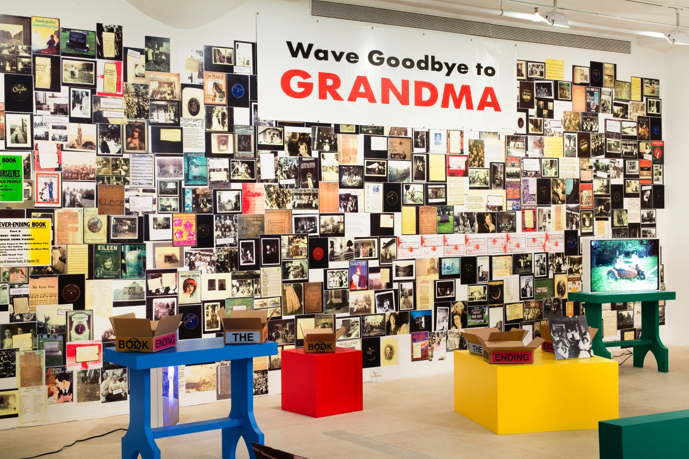 Allen Ruppersberg The Never Ending Book Part Two/Art and Therefore Ourselves 2009 color copies, cardboard boxes, artist's records 5 lightboxes banner letterpress posters and 17 furniture elements overall dimensions variable