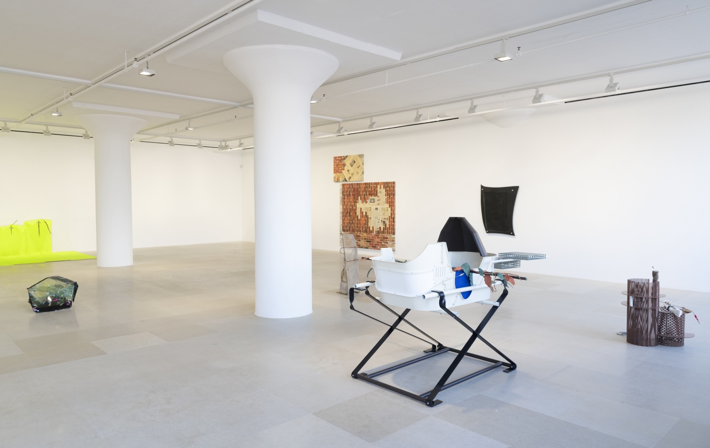 Installation view, Aria Dean, Helen Marten, Kelley Walker, Olga Balema, Raque Ford, Greene Naftali, New York, 2020