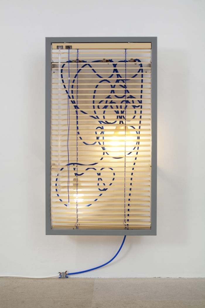 Haegue Yang Manteuffelstrasse 112 – Single and Solid: Bathroom radiator, 2010 Wall-mounted light sculpture: Aluminum venetian blinds, powder-coated steel frame, perforated metal plate, light bulbs, cable 34 1/4 x 19 1/4 x 2 inches (87 x 49 x 5 cm)