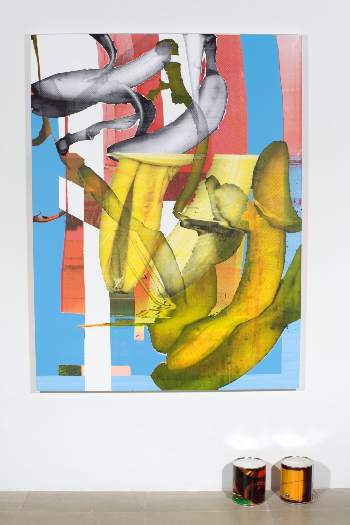 Untitled, 2009, Paint, silkscreen, and digital inkjet print on canvas; paint cans with digital inkjet prints, 69 x 52 x 2 inches