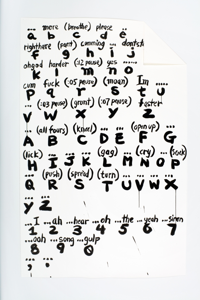 The body of Oh Man (truetype font), 2008, ink on paper and mixed media, 91 x 58 3/4 inches (framed)