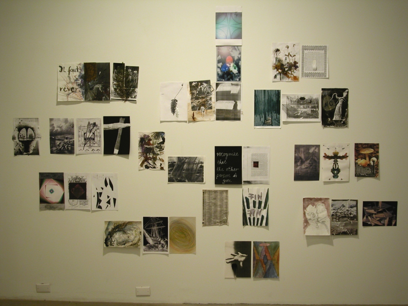 Dani Jakob, Recognize that the other person is you, 2003, 37 collages (mixed media on paper), each 8 x 12 inches, installation size 91 x 118 inches