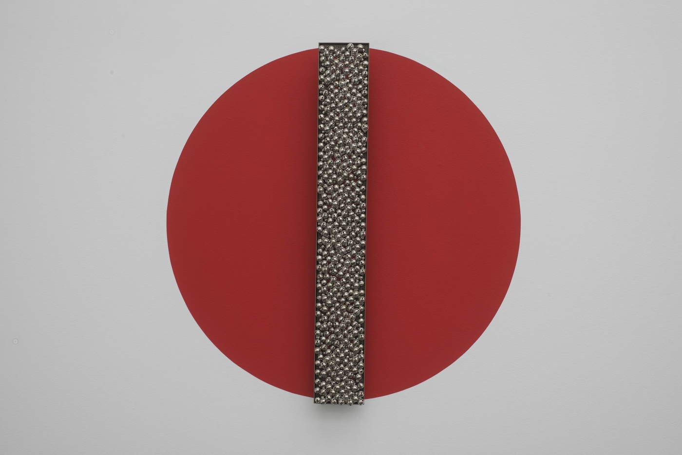 Haegue Yang Sonic Rotating Line Type A - Nickel Plated #10, 2013 Steel sheet, powder coating, ball bearings, metal grid, nickel plated bells, metal rings 5 1/2 x 39 3/8 inches (14 x 100 cm)
