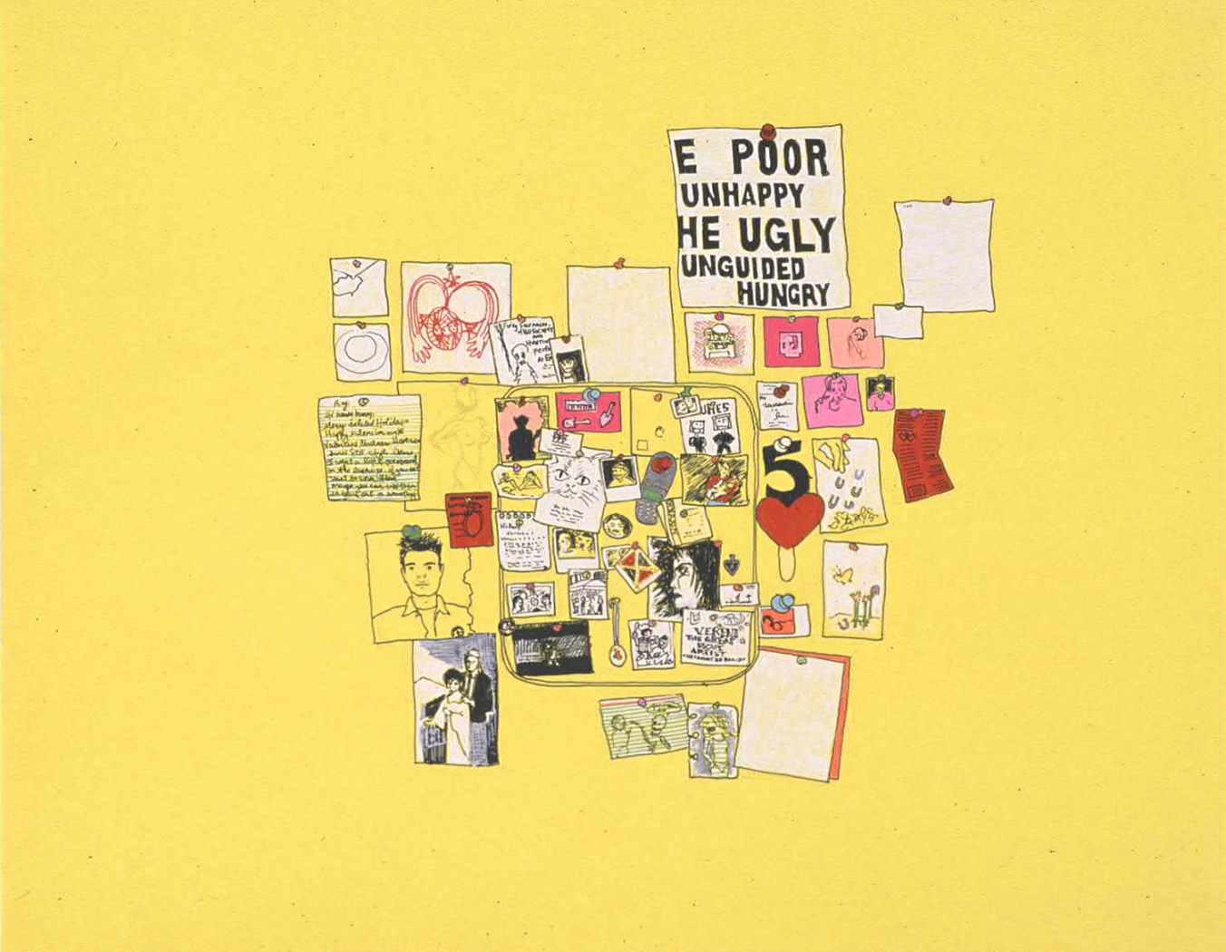 Tackboard, 2001, Ink on fluorescent paper, 11 x 14 inches