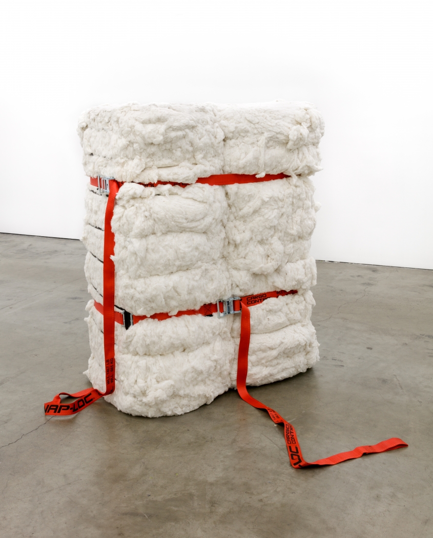 Two cotton bales connected by red straps Aria Dean Two Cotton Bales Bound Together at 250lbs Each, 2018 Raw cotton, ratchet e-strap system 53 x 44 x 22 in / 134.6 x 111.76 x 55.88 cm