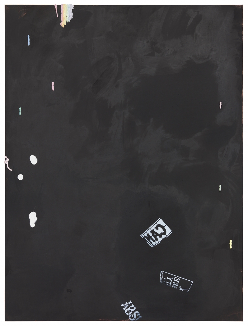 Monika Baer on (dregs), 2015 Acrylic, ink, oil on canvas 70 3/4 x 53 1/4 inches (180 x 135 cm)