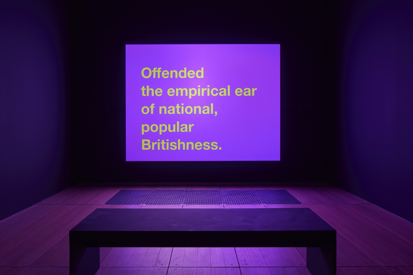 Installation view, Tony Cokes: If UR Reading This It’s 2 Late: Vol 1, Goldsmiths CCA. Pictured: Tony Cokes, Testament A: MF FVA K-P X KE RIP, 2019 (video). Commissioned by Goldsmiths Centre for Contemporary Art, London, UK. Courtesy the artist, Greene Naftali, New York, US and Hannah Hoffman, Los Angeles, US. Photographer Andy Stagg.