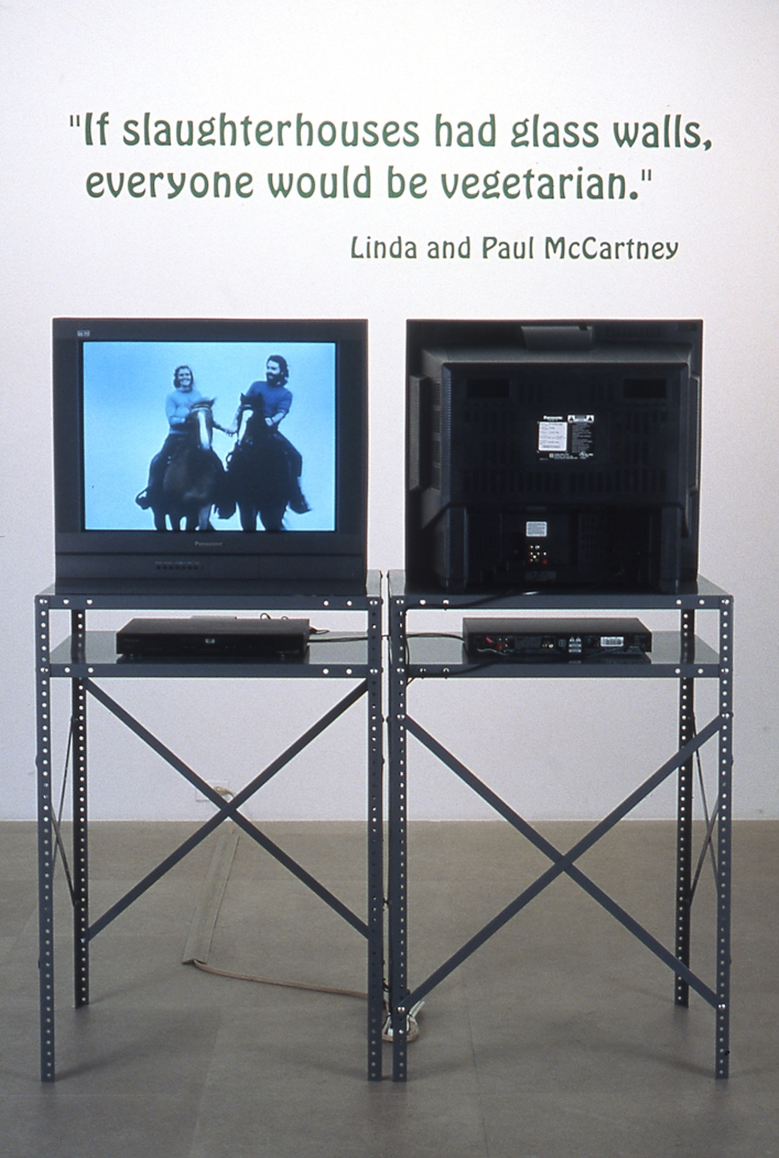 If Slaughterhouses Had Glass Walls, 2002, 2 DVDs (3 min. 27 sec each), two 27” televisions, 2 DVD players, sync box, two industrial stands and vinyl lettering, dimensions variable