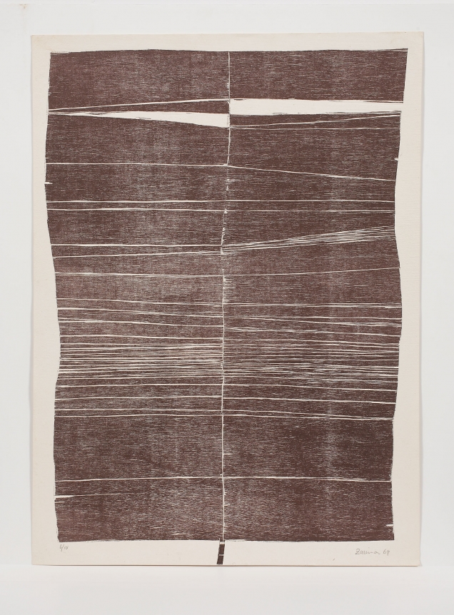 Zarina, Untitled, 1969, Woodcut printed in burnt umber on Indian handmade paper, Edition of 20