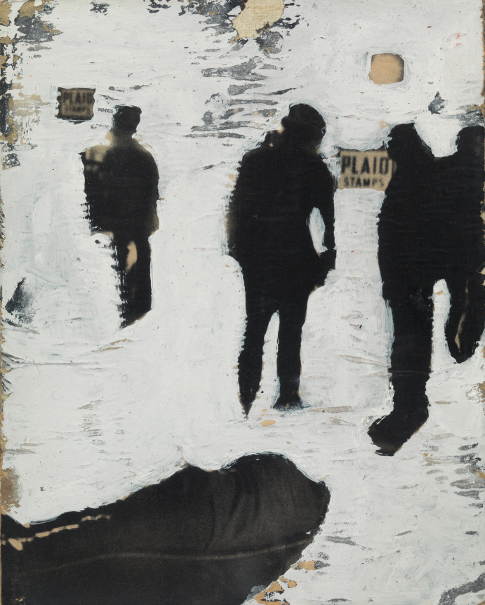 White background with several black figure-like shapes
