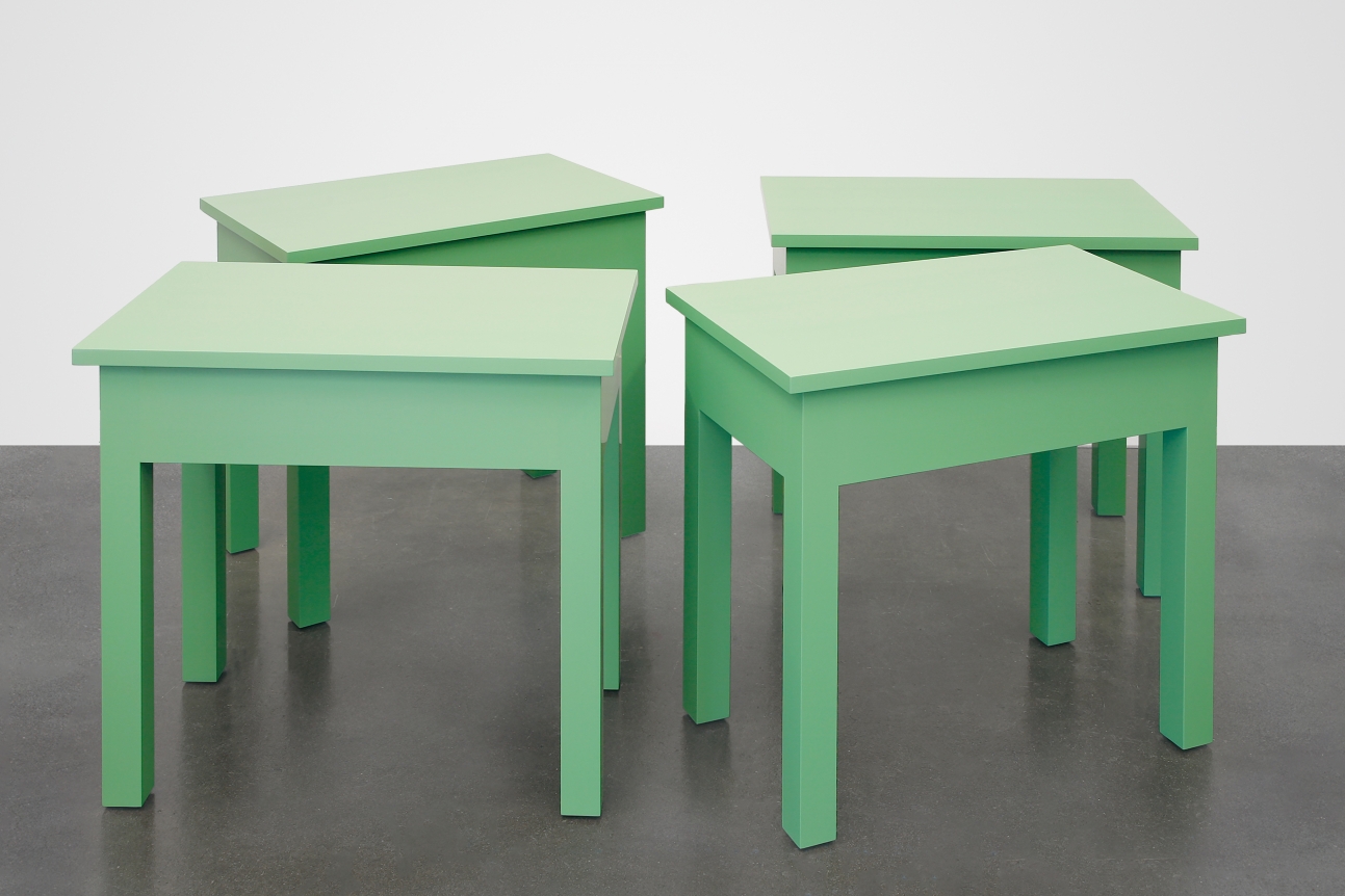 Four Green Tables (one to be used in my new home, one to be sold by a gallery and used as a table in the purchaser's home, one to be acquired by an Institution to be conserved in original condition, one to be donated anonymously to a thrift store), 2016, Enamel on eastern maple