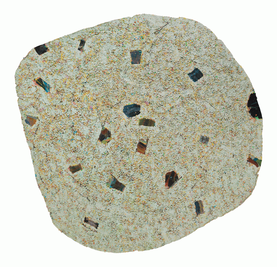 Light green circular painting overlaid with multi-colored brushstrokes