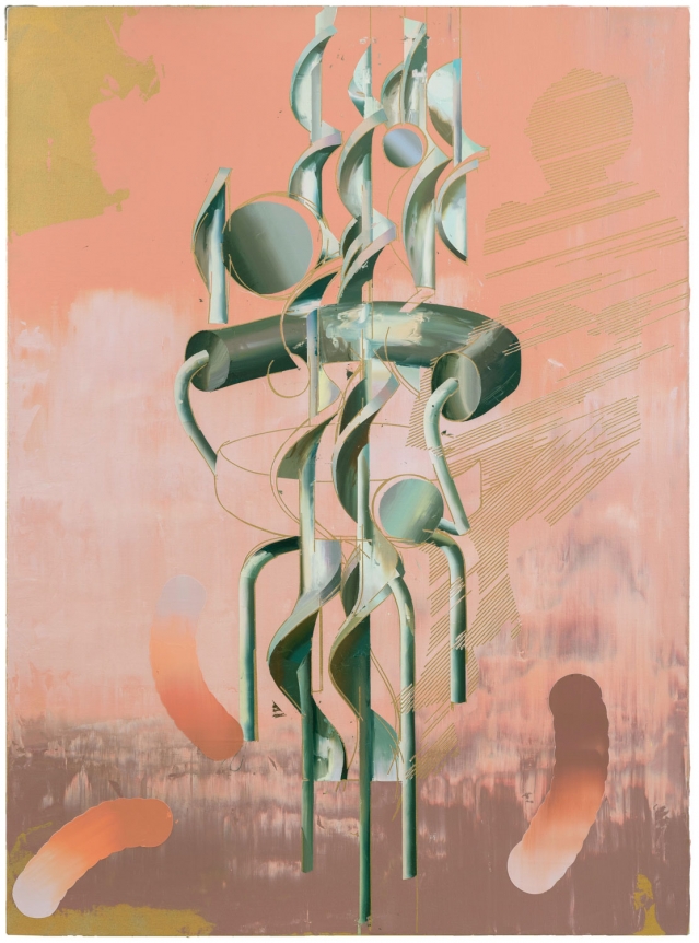 Spiral Steel Chair, 2018. Acrylic and oil on canvas, 59 x 43 inches (150 x 110 cm).