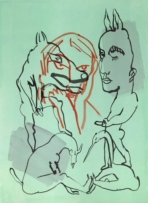 Let's Play, 2018. Watercolor on paper mounted to dibond, 29 x 21 1/2 inches (73.7 x 54.6 cm).