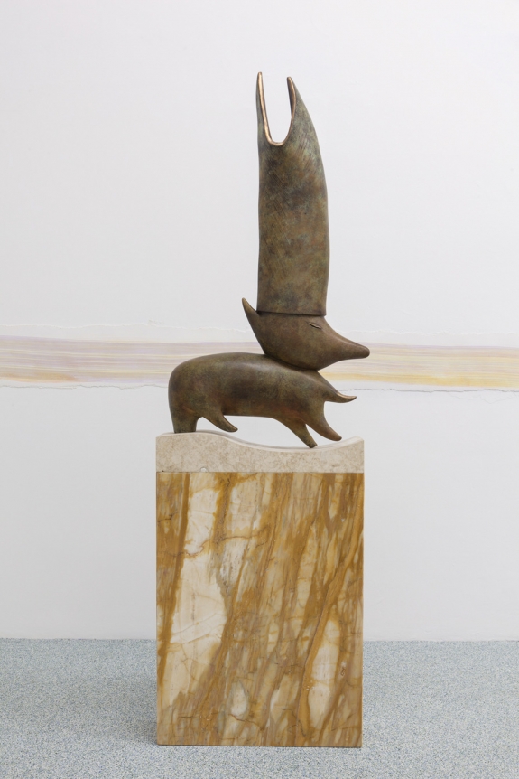 The Man Who Understands Animal Speech Will Be Pope, 2016. Bronze, Marmo Giallo Siena marble, and Egyptian Yellow marble, 87.01 x 26.38 x 9.06 inches (221 x 67 x 23 cm)