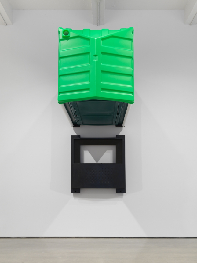 Two Green Portable Toilets, 2018. HDPE, Rivets, Toilet paper, Portable toilet 47 x 90 x 44 inches