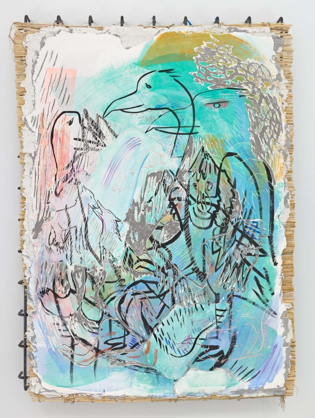 Untitled (11 Animals that Mate 4 Life), 2016. Fresco on bamboo and welded iron grid, 98 7/16 x 68 7/8 inches (250 x 175 cm).