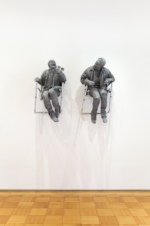 Juan Muñoz One Laughing at the Other , 2000 bronze, polyester resin, and steel, in two parts