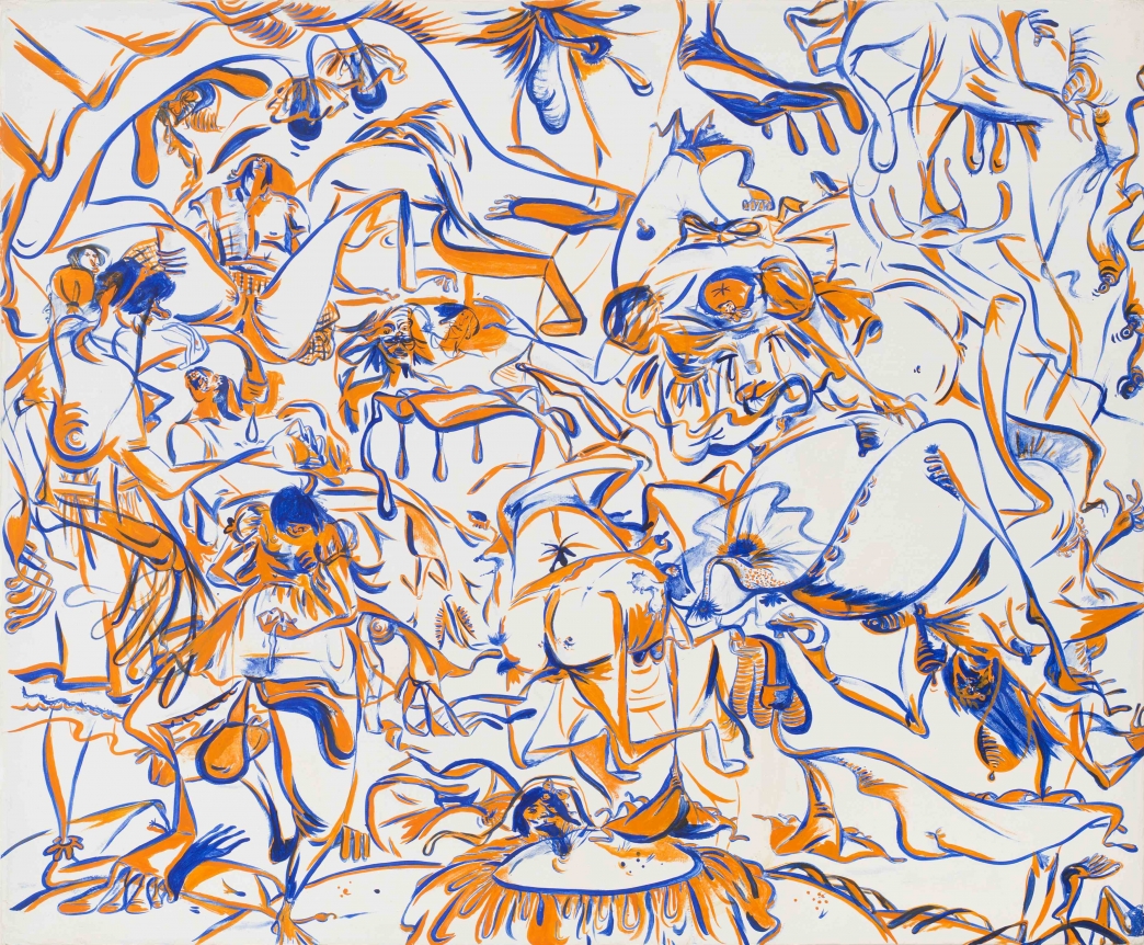 Sue Williams Orange & Blue on White with Big Skirt & Butt, 1997