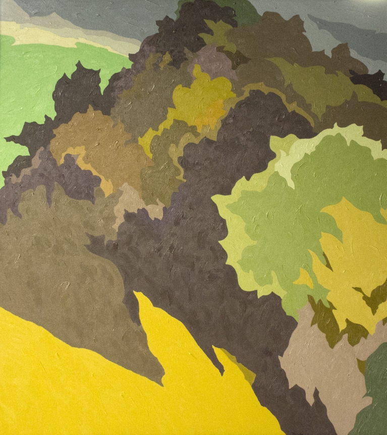 Oil painting of a landscape in green and violet by Easton Pribble.