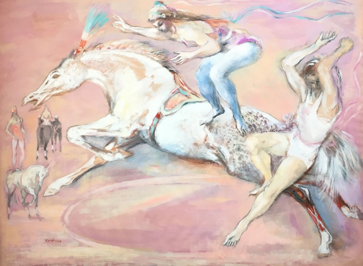 Mixed media painting by Jon Corbino entitled "Circus Jumpers #2".