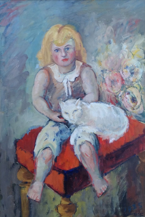 Oil on canvas by Hans Burkhardt entitled "Girl with Cat".