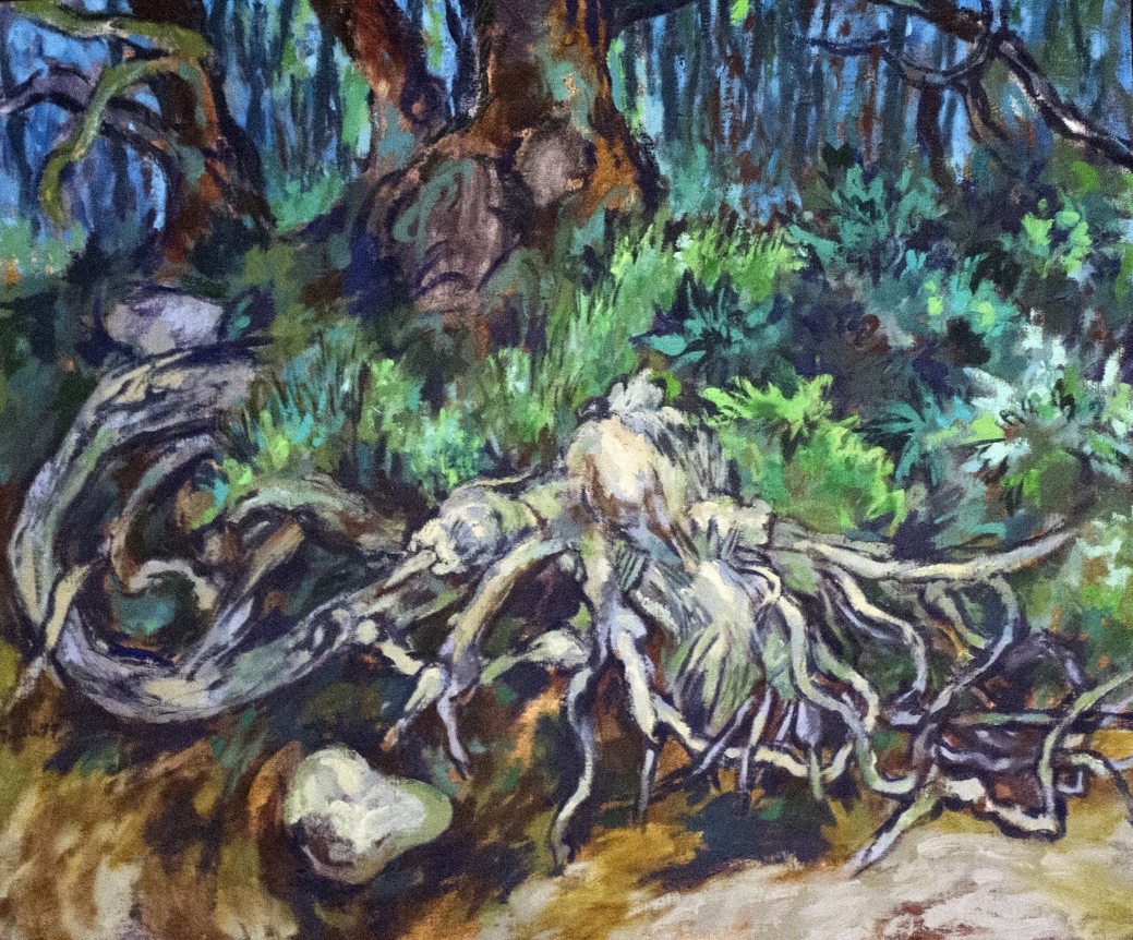 Oil painting of spruce roots in Stonington, ME by Easton Pribble.