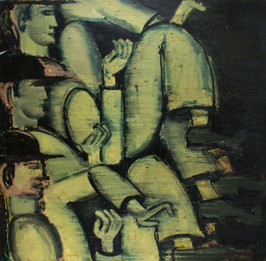Oil painting entitled "Men Walking #1" by Lester Johnson.