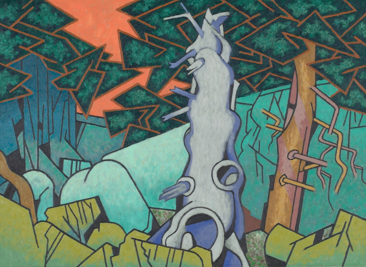 Oil painting of granite and spruce at Schoodic Point by Easton Pribble.